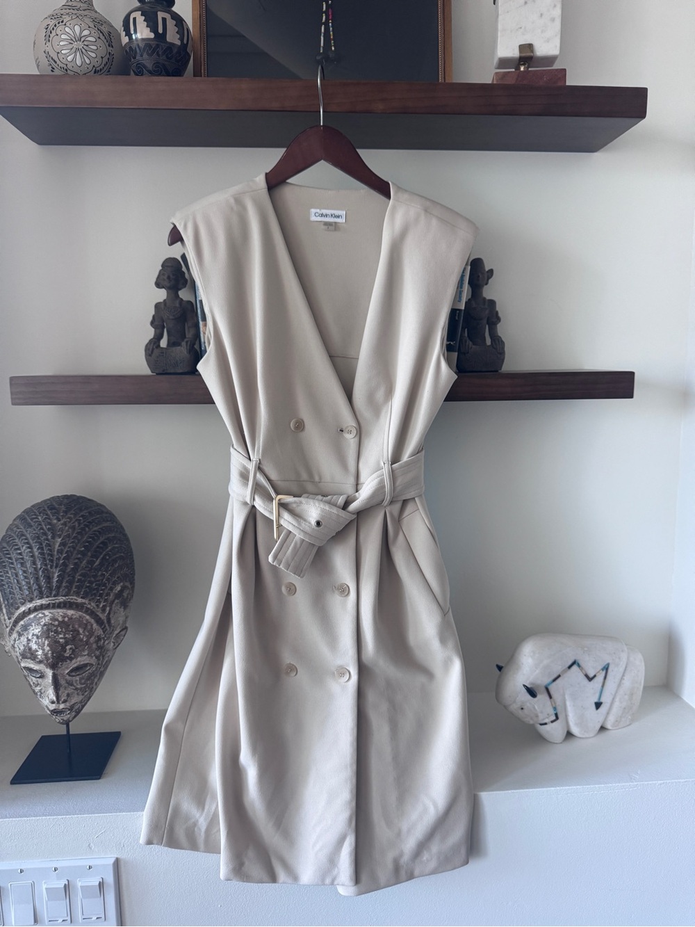 Calvin Klein Sleeveless Beige Trench-Style Dress with Belt